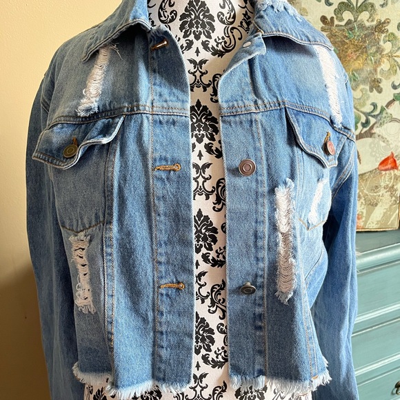 LOVE TREE DISTRESSED DENIM JACKET - Picture 1 of 5